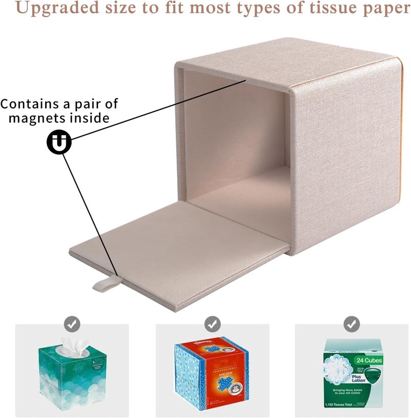 RHCSZ Linen Square Tissue Box Cover,Cube Tissue Box Holder－Excellent Rosegold Leather Decoration,Table Napkin Case Dispenser,Facial Tissues Organizer with Magnetic Bottom for Home Office Car(Beige) - Image 5