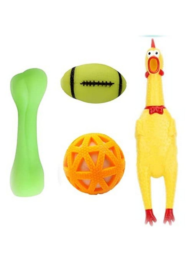 Puppy Squeaky Toys Combo Of 4 - Chicken Toy -Ball In Ball - Plain Bone - Baseball Squeaky Toys For Dogs & Puppies (Pack Of 4) - Image 1