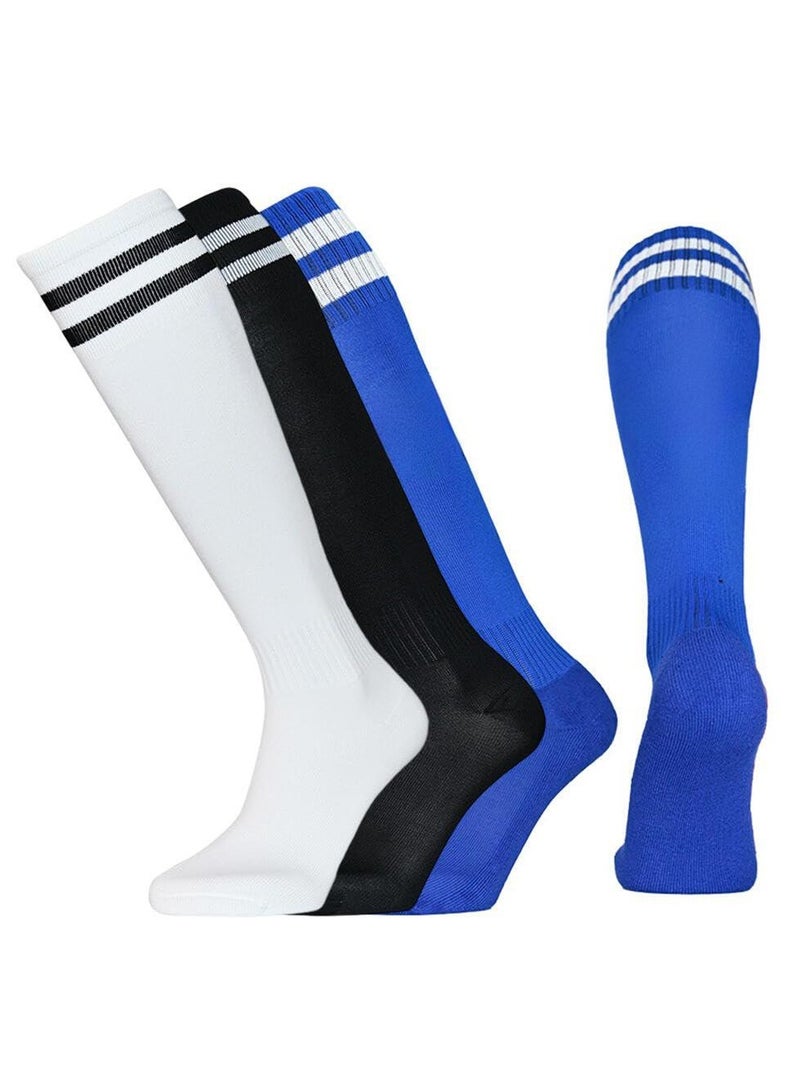 Kids Soccer Socks, 3 Pair Striped Knee High Football Socks for Boys & Girls, Youth Sports Athletic Socks for Ages 6-12 - Image 1