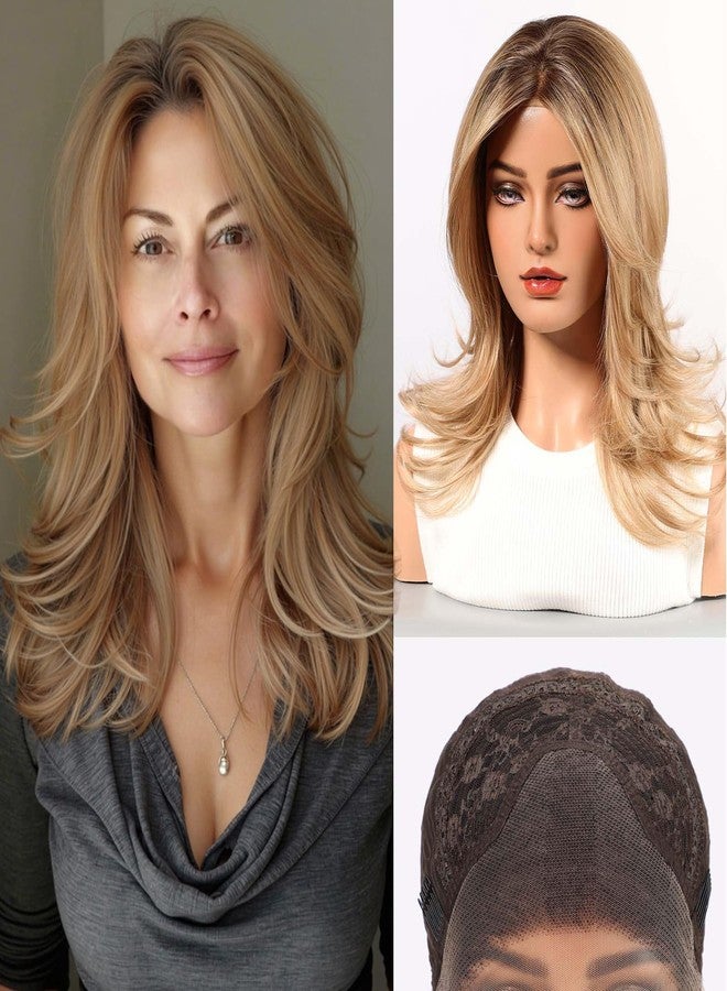 starluck Wig for Women Lace Front Wigs Synthetic Wigs for Women 18-Inch Shoulder Length Layered Natural Wavy Wig Ombre Blonde - Image 1
