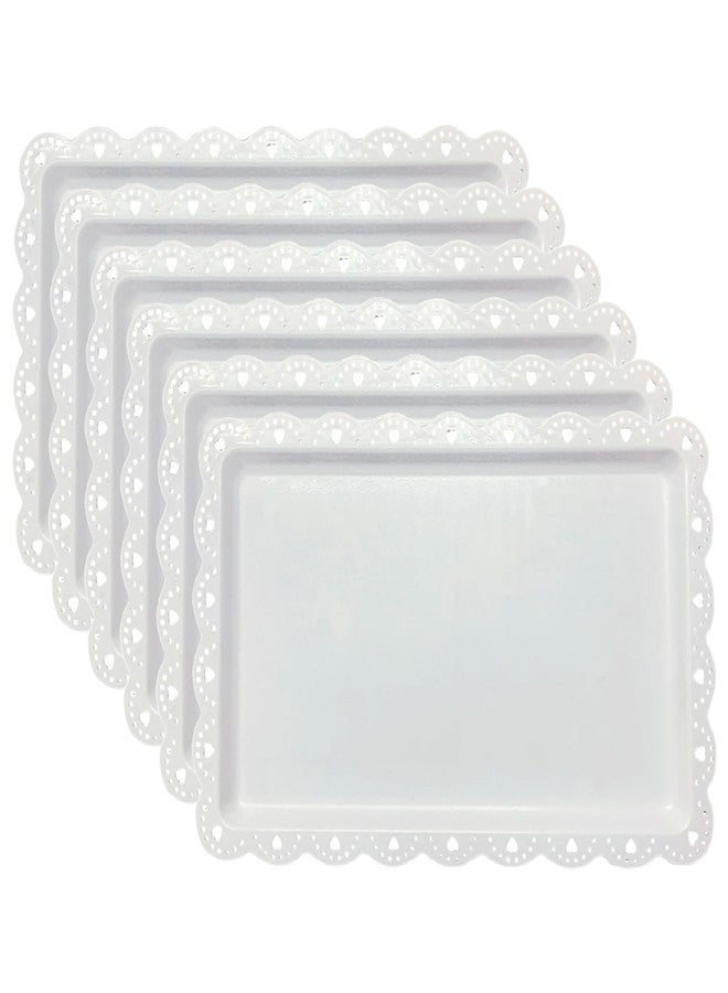 FEOOWV Set of 6 Plastic Serving Trays Food Tray - 14" x 9" Rectangle Serving Platter for Party Cafeteria Kitchen Restaurant, Small Flat Trays for Dessert Fruit Cookie Snack (6, White) - Image 1