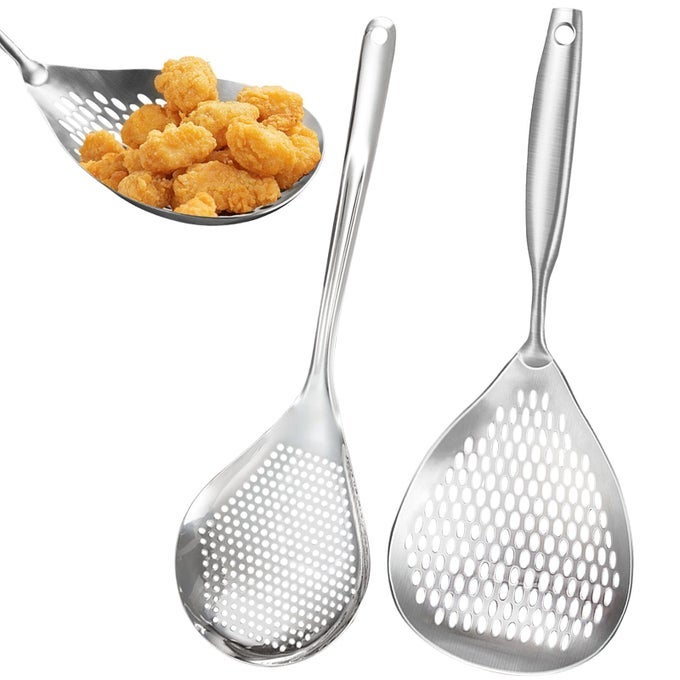 SKIMMER SLOTTED SPOON 2 PACK STAINLESS STEEL PASTA SPIDER STRAINER LADLE FOR FRYING AND COOKING FRYING STRAINER SPOON KITCHEN COOKING SKIMMER COLANDER