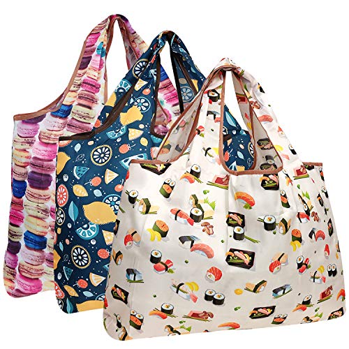 allydrew Large Foldable Tote Nylon Reusable Grocery Bags, 3 Pack, Delicious Foods - Image 1
