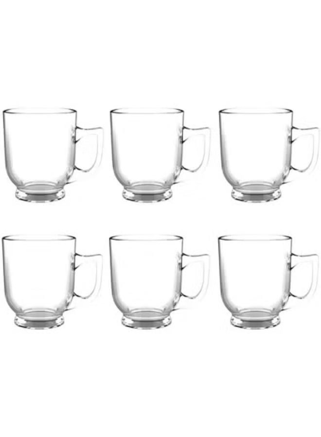 مج زجاجي شاي/قهوة سادة مع نقوش مضلعة عند القاعدة ومقبض، طقم 6 قطع، زجاج شفاف عالي الجودة، تصميم أنيق ومتين للاستخدام اليومي في المنزل أو المكتب