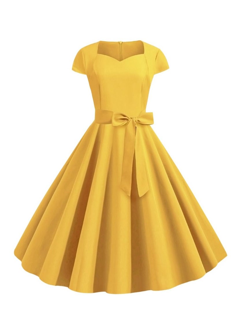 Loquat Retro Women's Sleeve Wrap Solid Belt Large Swing Dress Yellow  - Image 1