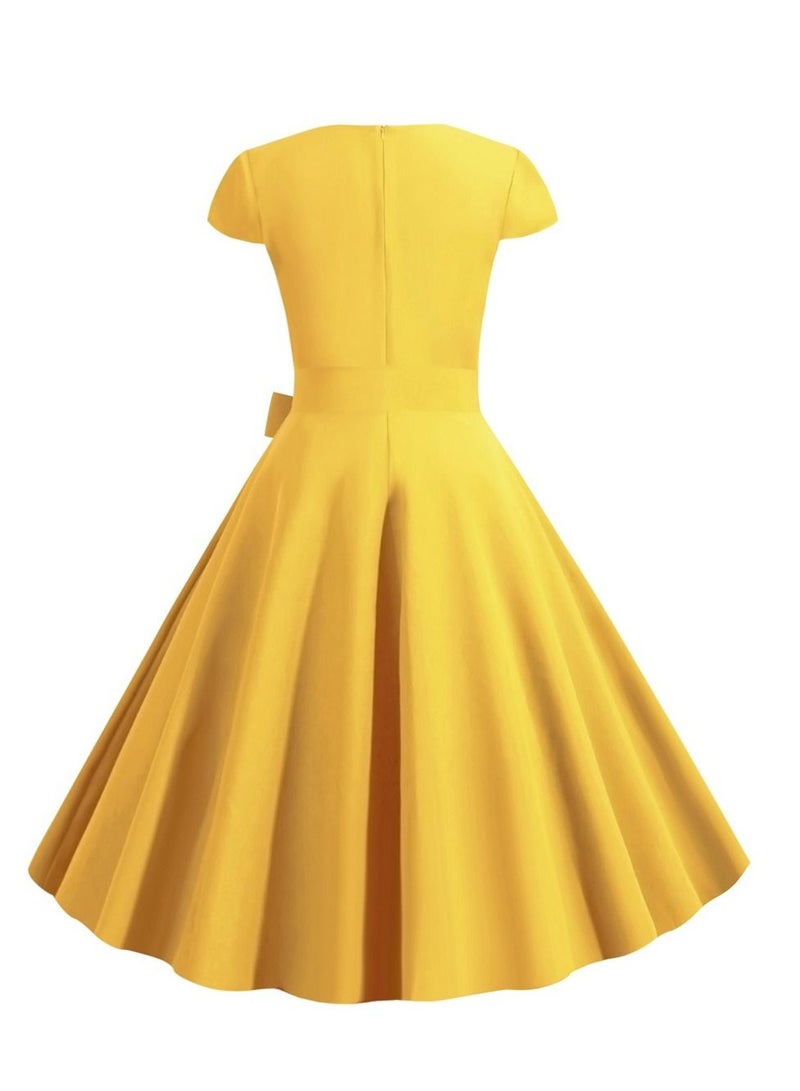 Loquat Retro Women's Sleeve Wrap Solid Belt Large Swing Dress Yellow  - Image 3