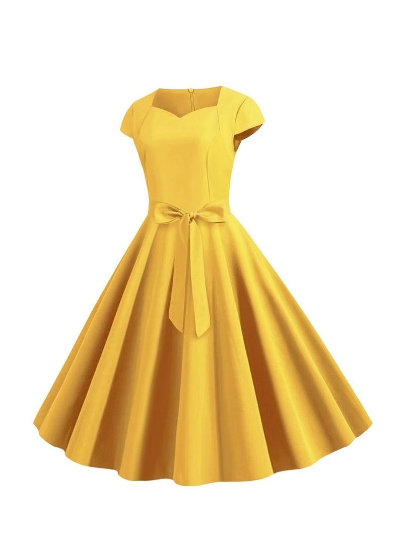 Loquat Retro Women's Sleeve Wrap Solid Belt Large Swing Dress Yellow  - Image 2