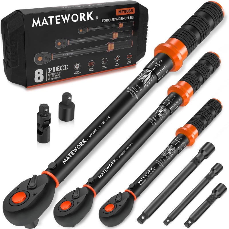 Matework Upgraded Torque Wrench Set 8PCS, 1/4 3/8 1/2 inch Drive Click Torque Wrench, 10-230in.lb, 5-50ft.lb, 10-180ft.lb, 72-Tooth Dual Scale, Â±3% Accuracy, 5 Adapters, for Bike, Moto, Car Repair and Maint - Image 1
