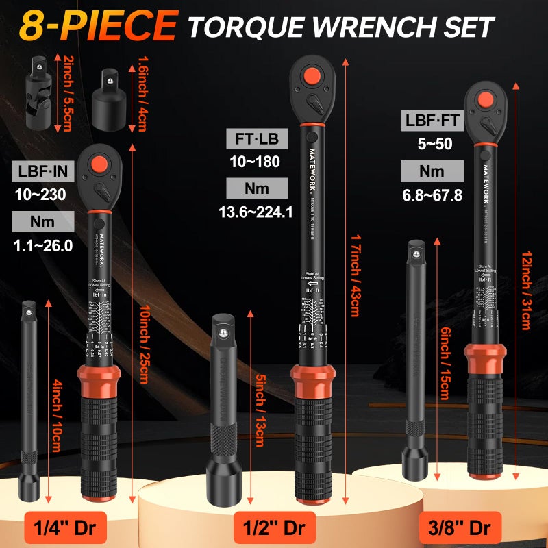 Matework Upgraded Torque Wrench Set 8PCS, 1/4 3/8 1/2 inch Drive Click Torque Wrench, 10-230in.lb, 5-50ft.lb, 10-180ft.lb, 72-Tooth Dual Scale, Â±3% Accuracy, 5 Adapters, for Bike, Moto, Car Repair and Maint - Image 2