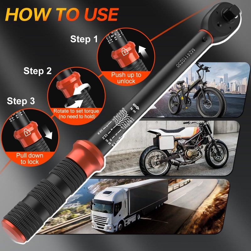 Matework Upgraded Torque Wrench Set 8PCS, 1/4 3/8 1/2 inch Drive Click Torque Wrench, 10-230in.lb, 5-50ft.lb, 10-180ft.lb, 72-Tooth Dual Scale, Â±3% Accuracy, 5 Adapters, for Bike, Moto, Car Repair and Maint - Image 4