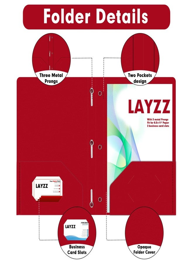 LAYZZ Plastic 2 Pocket Folders with Prongs, 30 Pack, Heavyweight, Letter Size Poly Folders with 3 Metal Prongs Fastener Clips (Red) - Image 3