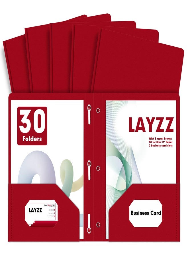 LAYZZ Plastic 2 Pocket Folders with Prongs, 30 Pack, Heavyweight, Letter Size Poly Folders with 3 Metal Prongs Fastener Clips (Red) - Image 1