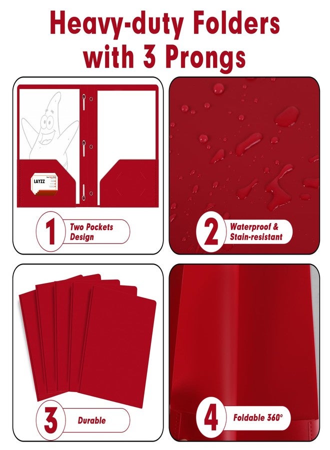LAYZZ Plastic 2 Pocket Folders with Prongs, 30 Pack, Heavyweight, Letter Size Poly Folders with 3 Metal Prongs Fastener Clips (Red) - Image 5