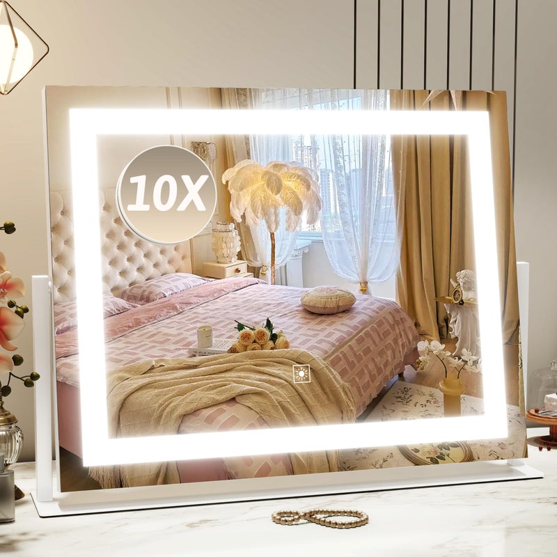 ROLOVE Vanity Mirror with Lights 22"x18", Lighted Makeup Mirror with 10X Magnification, Smart Touch 3 Colors Dimmable, 360Â° Rotation, Women Gift, Dresser Mount, Bathroom (White) - Image 1