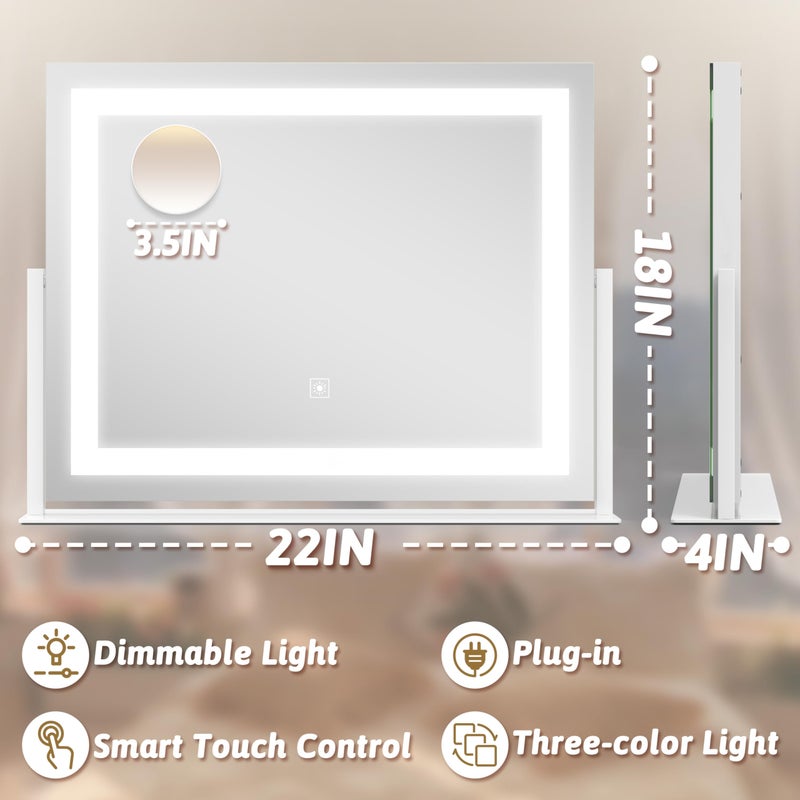ROLOVE Vanity Mirror with Lights 22"x18", Lighted Makeup Mirror with 10X Magnification, Smart Touch 3 Colors Dimmable, 360Â° Rotation, Women Gift, Dresser Mount, Bathroom (White) - Image 2