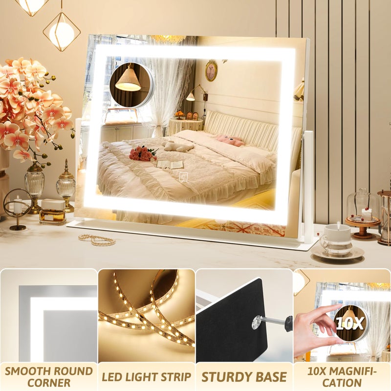ROLOVE Vanity Mirror with Lights 22"x18", Lighted Makeup Mirror with 10X Magnification, Smart Touch 3 Colors Dimmable, 360Â° Rotation, Women Gift, Dresser Mount, Bathroom (White) - Image 5