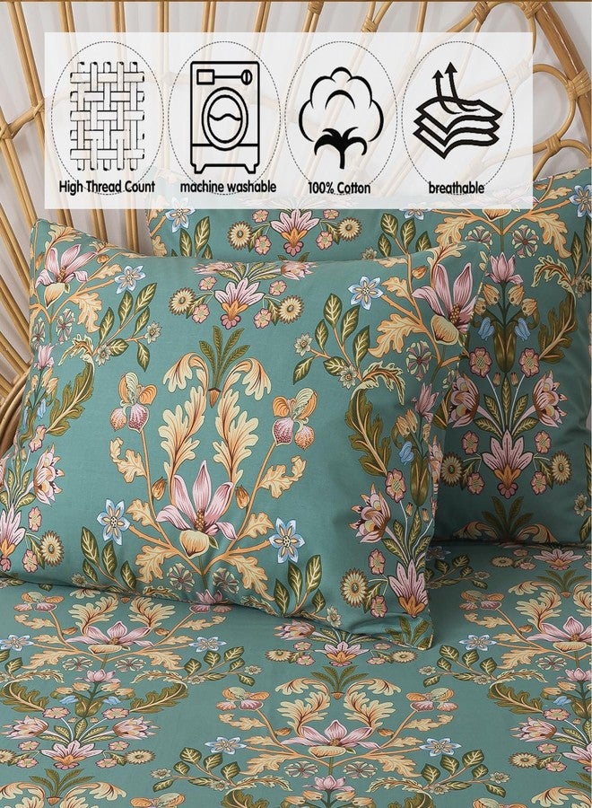 فادفاي طقم ملاءات سرير كينج من FADFAY، ملاءات مزينة بالزهور، 4 قطع، قطن بيركال 100%، ملاءة سرير بجيب عميق، لون أزرق مخضر وبرتقالي عتيق، طقم سرير ريفي ناعم وجيد التهوية - Image 5