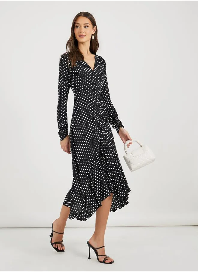 Styli Asymmetric Ruffle Hem Shirt Midi Dress
