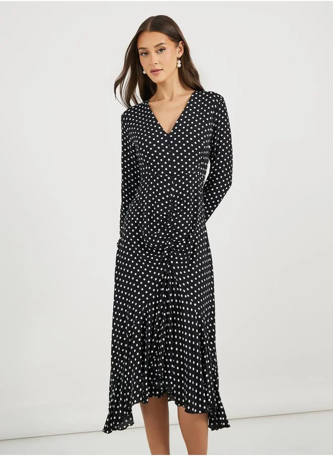 Styli Asymmetric Ruffle Hem Shirt Midi Dress
