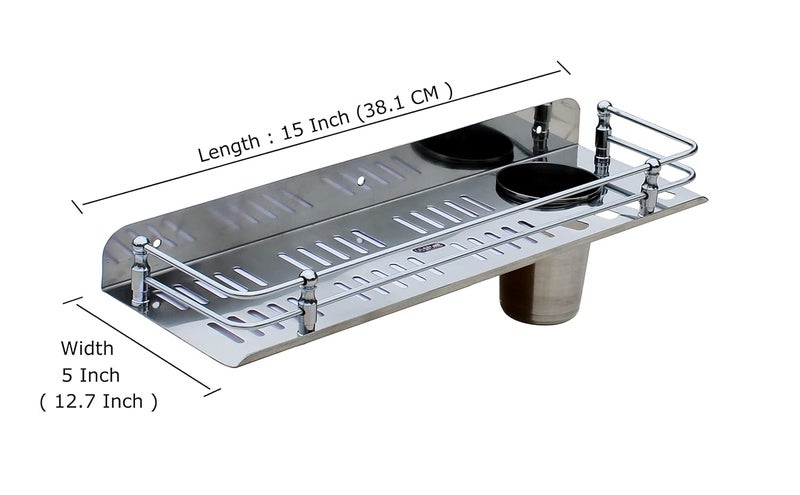 STONE STONE Stainless Steel 3in1 Multipurpose Bathroom ShelfRack/Shelves with Tumbler/Toothbrush Holder for Bathroom Accessories (15x5 inches) - Image 2