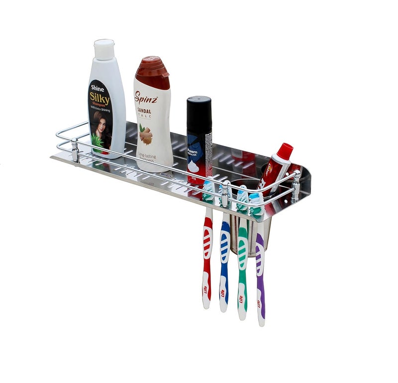 STONE STONE Stainless Steel 3in1 Multipurpose Bathroom ShelfRack/Shelves with Tumbler/Toothbrush Holder for Bathroom Accessories (15x5 inches) - Image 1