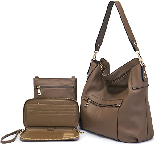 Idesort Large Crossbody Bags Ladies Shoulder Handbags Purse and Wallet Set for Women Hobo Purses Taupe - Image 1