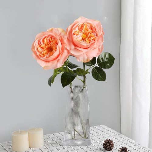 Fqueelvys 2Pcs Fake Austin Rose Peonies Flowers Real Touch Peach Roses with Stems 25.60'' Latex Peony Artificial Flowers for Home Decor Flower Arrangement Wedding Centerpieces Valentine's Day (Peach) - Image 5