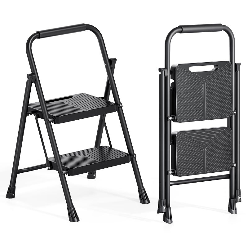 Urackify 2 Step Ladder, Portable Folding Ladder for Multi-Purpose, Home, Kitchen, Heavy Sturdy Steel Step Stool with Handrail, Anti-Slip Wide Pedals, Safe-Lock Design, Pass 500lbs Load Testing, Black - Image 1