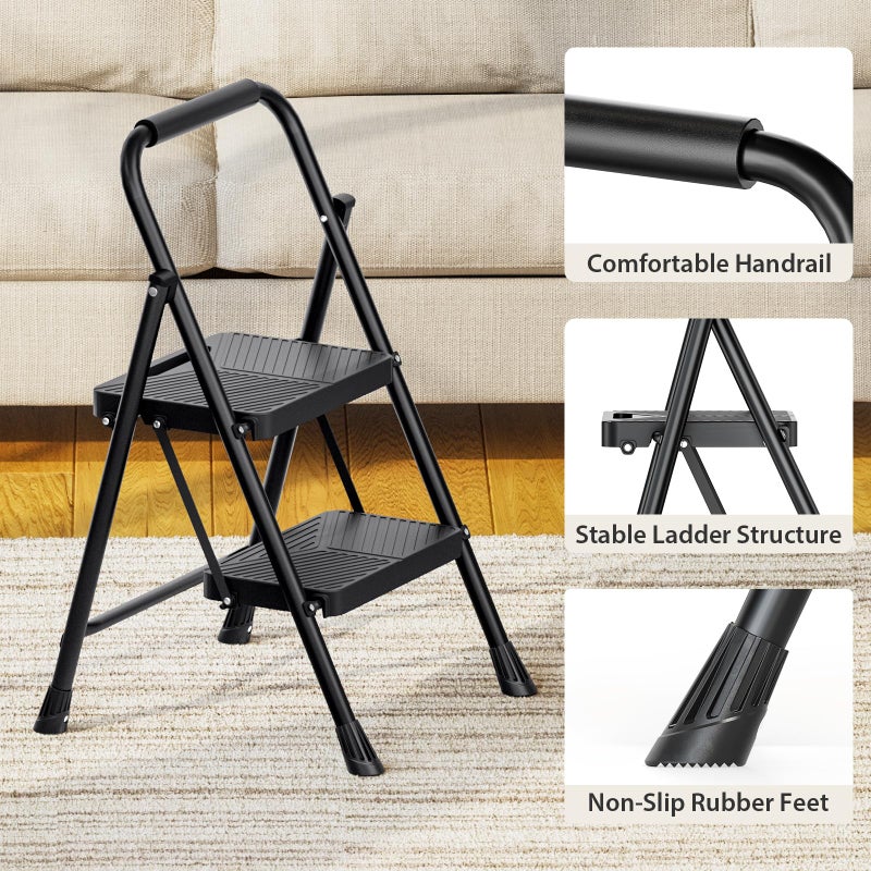 Urackify 2 Step Ladder, Portable Folding Ladder for Multi-Purpose, Home, Kitchen, Heavy Sturdy Steel Step Stool with Handrail, Anti-Slip Wide Pedals, Safe-Lock Design, Pass 500lbs Load Testing, Black - Image 5