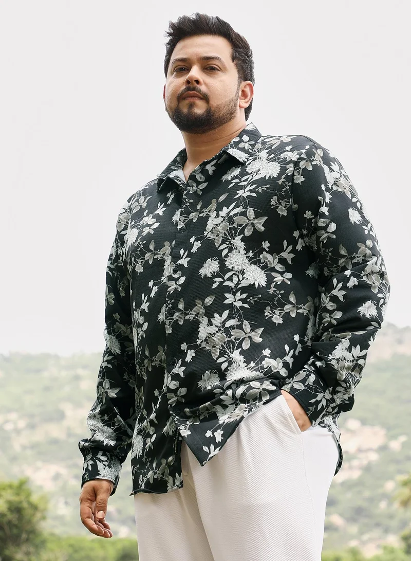 Instafab Plus Instafab Men's Onyx Black Mono-Botanics Imprint Shirt | Spread Collar , Long Cuffed Sleeves , Button Closure | Digital Floral Print Plain | Cotton-Blend Shirt For Casual Wear