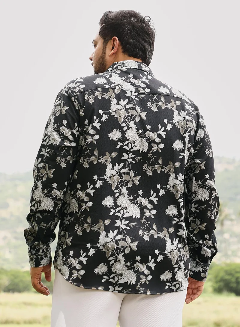 Instafab Plus Instafab Men's Onyx Black Mono-Botanics Imprint Shirt | Spread Collar , Long Cuffed Sleeves , Button Closure | Digital Floral Print Plain | Cotton-Blend Shirt For Casual Wear