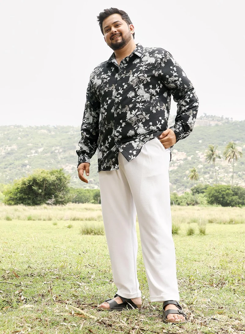 Instafab Plus Instafab Men's Onyx Black Mono-Botanics Imprint Shirt | Spread Collar , Long Cuffed Sleeves , Button Closure | Digital Floral Print Plain | Cotton-Blend Shirt For Casual Wear