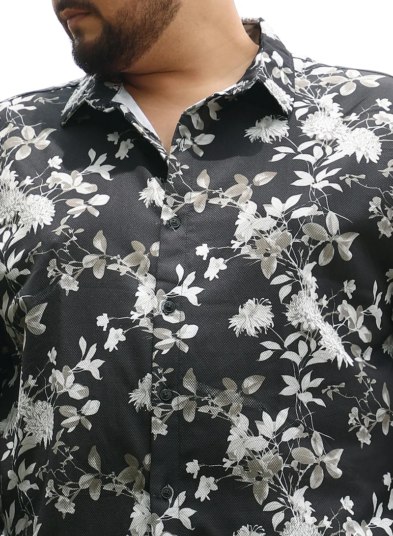 Instafab Plus Instafab Men's Onyx Black Mono-Botanics Imprint Shirt | Spread Collar , Long Cuffed Sleeves , Button Closure | Digital Floral Print Plain | Cotton-Blend Shirt For Casual Wear