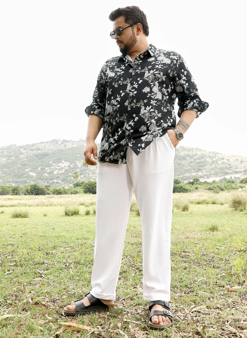 Instafab Plus Instafab Men's Onyx Black Mono-Botanics Imprint Shirt | Spread Collar , Long Cuffed Sleeves , Button Closure | Digital Floral Print Plain | Cotton-Blend Shirt For Casual Wear