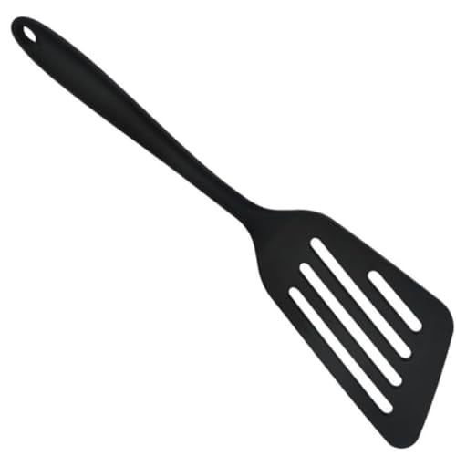 Trifecta Heat Resistant Slot Spatula, Non-Stick Hollow Long Handle Silicone, Kitchen Scraper Wide Pizza Shop Cookware, Slotted Fish Spatula, Easy to Clean (Black, Pack of 1) - Image 1