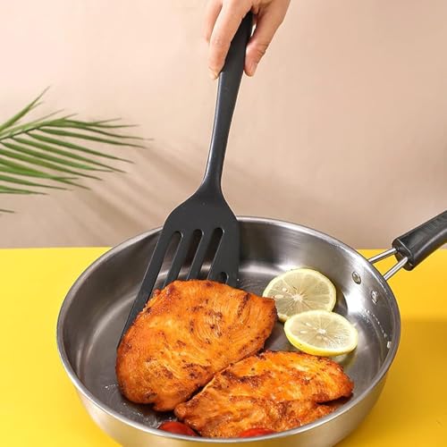 Trifecta Heat Resistant Slot Spatula, Non-Stick Hollow Long Handle Silicone, Kitchen Scraper Wide Pizza Shop Cookware, Slotted Fish Spatula, Easy to Clean (Black, Pack of 1) - Image 4