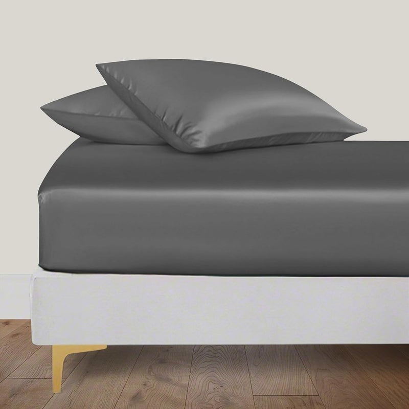 LINENWALAS Small Double Fitted Sheet with Pillowcase for 4 Feet Bed, 100% Organic Bamboo Bedding, Silk Sheet, Soft, 40 CM Deep Pocket Fitted Bed Sheet (Charcoal Grey, 122x190 CM) - Image 1