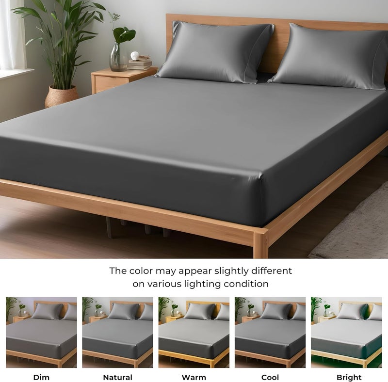 LINENWALAS Small Double Fitted Sheet with Pillowcase for 4 Feet Bed, 100% Organic Bamboo Bedding, Silk Sheet, Soft, 40 CM Deep Pocket Fitted Bed Sheet (Charcoal Grey, 122x190 CM) - Image 5