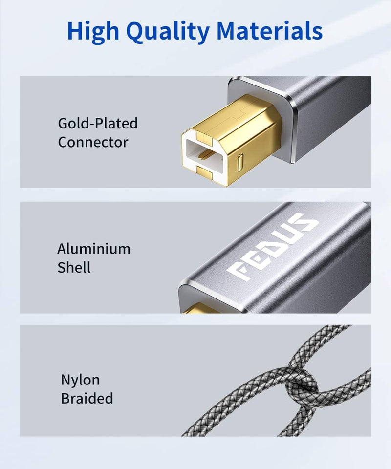 FEDUS 5 Meter USB Printer Cable, Nylon Braided Gold Plated USB A to Male to USB B 2.0 Cable Cord Compatible with Printers, Scanner for Brother Dell, HP, Epson, Canon, Lexmark, Xerox, Samsung, Epson - Image 3