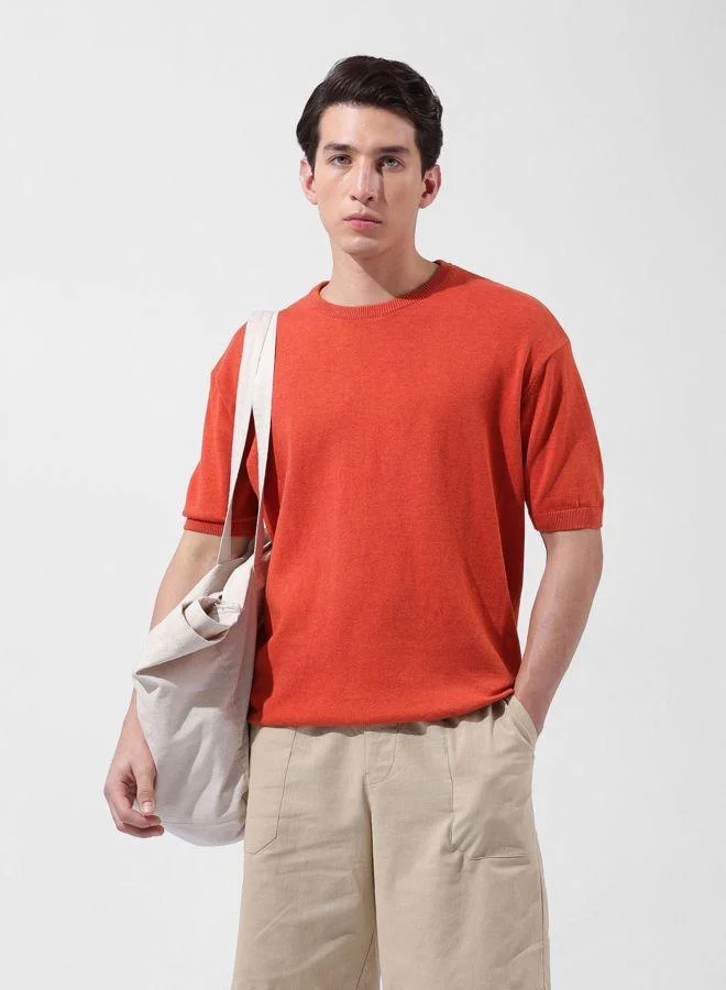 The Indian Garage Co Men Oversized Fit Textured Crew Neck Half Sleeves T-Shirt