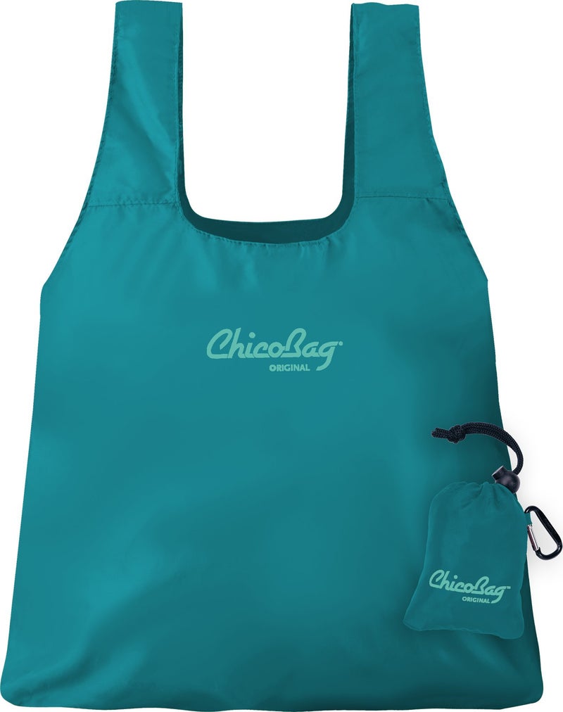 ChicoBag Original Compact Reusable Grocery Bag wAttached Pouch and Carabiner Clip Perfect for Shopping Travel Organization EcoConscious Packable Tote Aqua Pack of 1