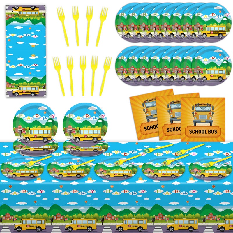 gisgfim 61 Pcs School Bus Party Supplies Back to School Birthday Tableware Set Bus Plates Napkins and Tablecloth Transportation Themed Decorations for Preschool Kindergarten Baby Shower Serves 20 Guests - Image 2