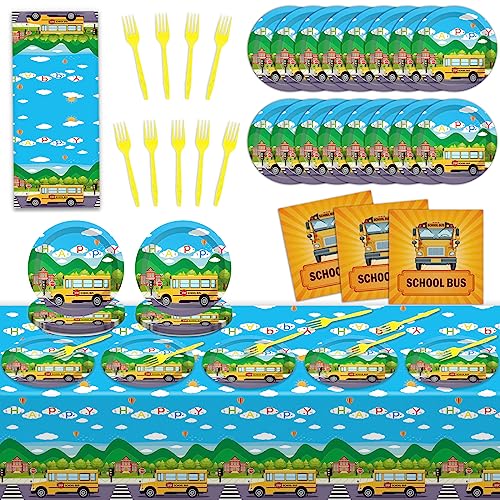 gisgfim 61 Pcs School Bus Party Supplies Back to School Birthday Tableware Set Bus Plates Napkins and Tablecloth Transportation Themed Decorations for Preschool Kindergarten Baby Shower Serves 20 Guests - Image 1