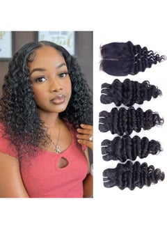 Deep Water Wave Bundles With Closure Brazilian Deep Short Bob Curly Human Hair 4 Bundles With 4X4X1 Middle Part Lace Closure Wet And Wavy Bundles With Lace Closure 50G/Bundle(10 10 10 10+10)