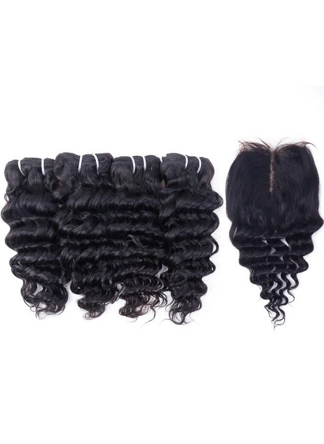 FQ Deep Water Wave Bundles With Closure Brazilian Deep Short Bob Curly Human Hair 4 Bundles With 4X4X1 Middle Part Lace Closure Wet And Wavy Bundles With Lace Closure 50G/Bundle(10 10 10 10+10)  - Image 3