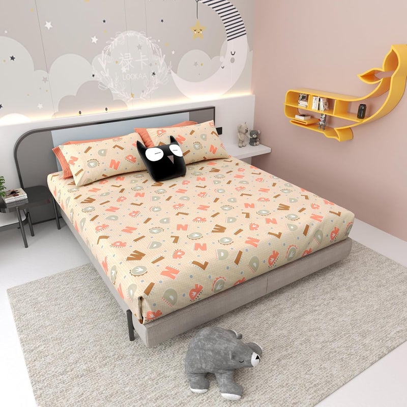 Luxe Layers Pure Cotton Kids King Size Double Bedsheet with Two Pillow Covers 100 X 108 Inches 100 Pure Cotton 300 TC Soft Hypoallergenic Alphabet Print Bed Sheet  - Image 1