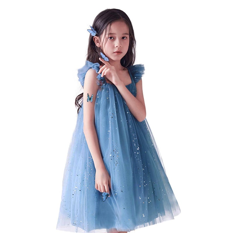 NNJXD Flower Girl Princess Dress Sparkle Dots Tulle Summer Casual Wear 1954 Blue Size(120) 4-5 Years - Image 1