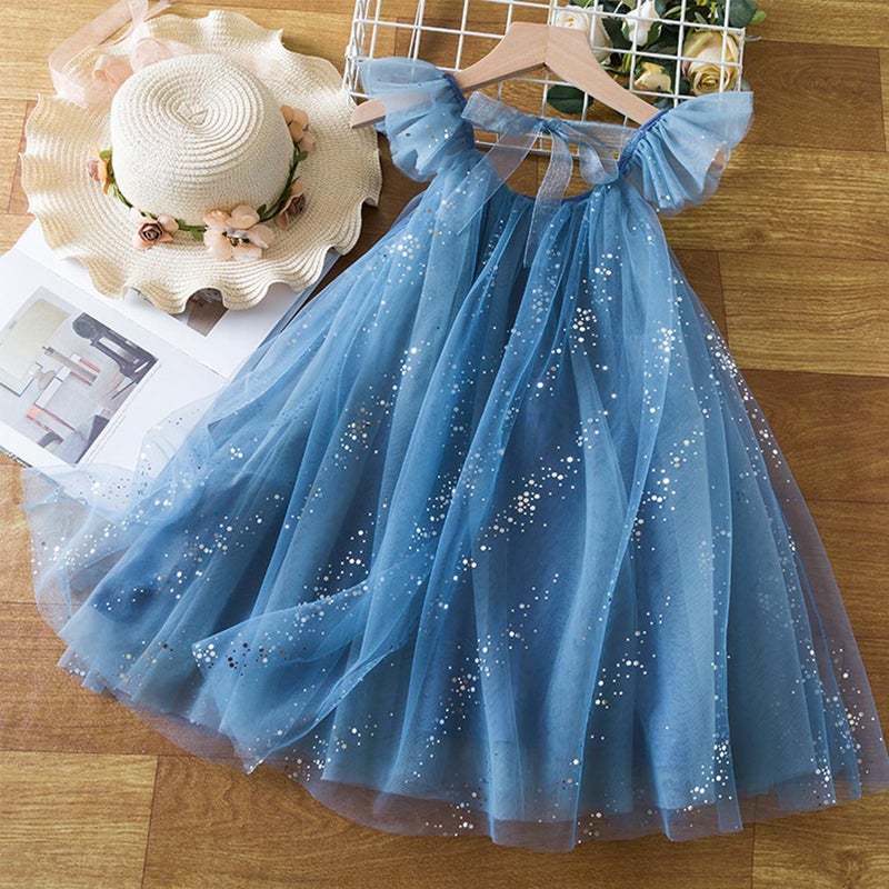 NNJXD Flower Girl Princess Dress Sparkle Dots Tulle Summer Casual Wear 1954 Blue Size(120) 4-5 Years - Image 2