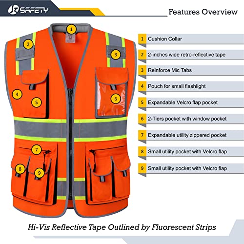 JKSafety 10 Pockets Class 2 Hi-Vis Zipper Front Safety Vest | Cushioned Collar | High Reflective Tapes with Extended Neon Yellow Strips | Meets ANSI/ISEA Standards (3X-Large, 89-Orange) - Image 4