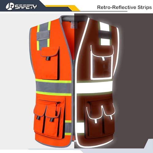 JKSafety 10 Pockets Class 2 Hi-Vis Zipper Front Safety Vest | Cushioned Collar | High Reflective Tapes with Extended Neon Yellow Strips | Meets ANSI/ISEA Standards (3X-Large, 89-Orange) - Image 3